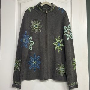 Eddie Bauer women’s Full Zipper Knit Sweater Grey w/ Blue/Green Snowflakes SizeM